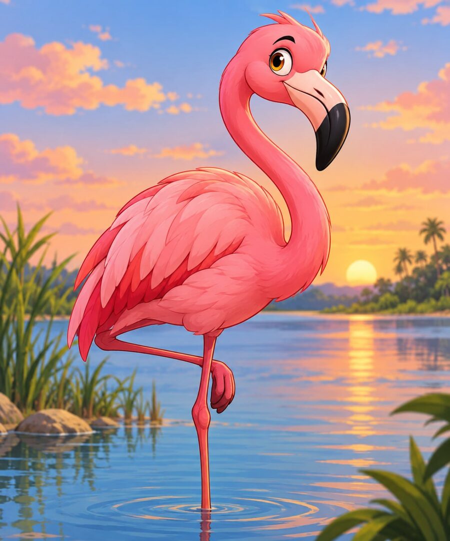 Flamingo — розовый фламинго на закате у воды